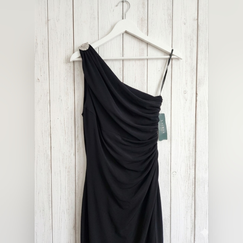 NWT Lauren Ralph Lauren Black One-Shoulder Ruched Gown 4 Tall Friendly Gala - Picture 5 of 16